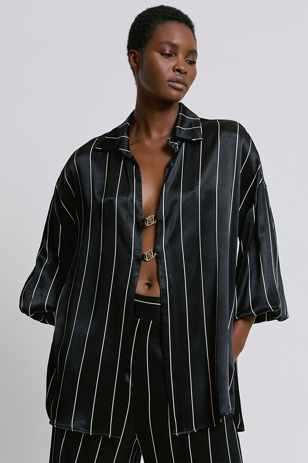Access Fashion 2154 Black Pinstripe Satin Over Shirt - Experience Boutique