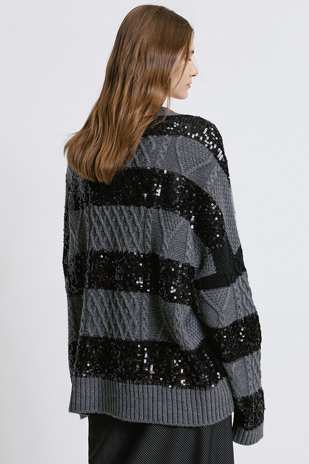 Access Fashion 8052 Grey Sequin Stripe Knit Jumper - Experience Boutique