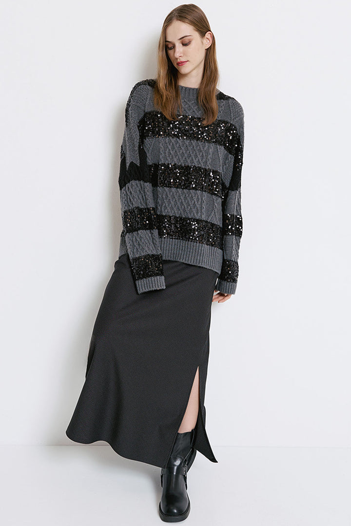 Access Fashion 8052 Grey Sequin Stripe Knit Jumper - Experience Boutique