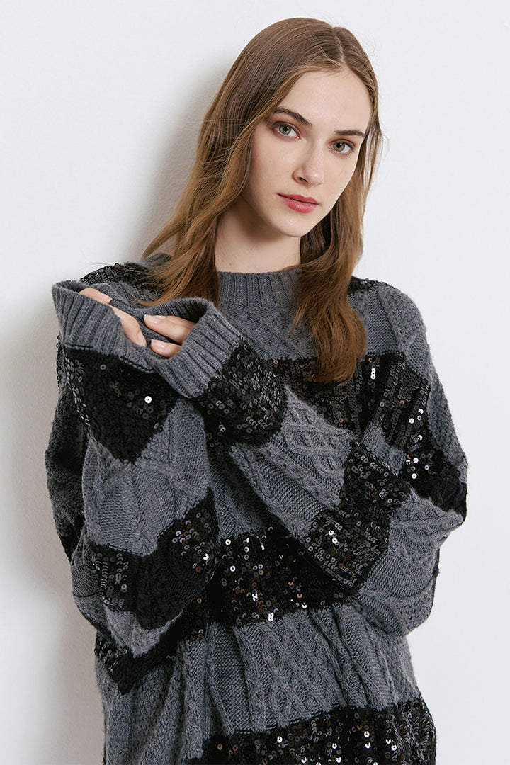 Access Fashion 8052 Grey Sequin Stripe Knit Jumper - Experience Boutique