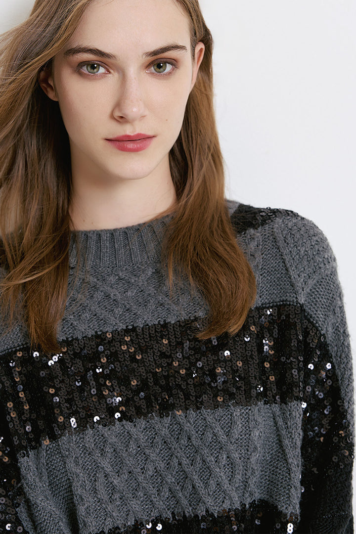 Access Fashion 8052 Grey Sequin Stripe Knit Jumper - Experience Boutique