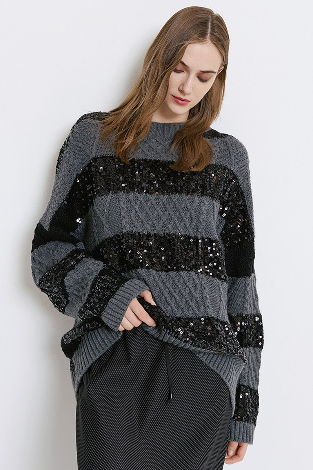 Access Fashion 8052 Grey Sequin Stripe Knit Jumper - Experience Boutique
