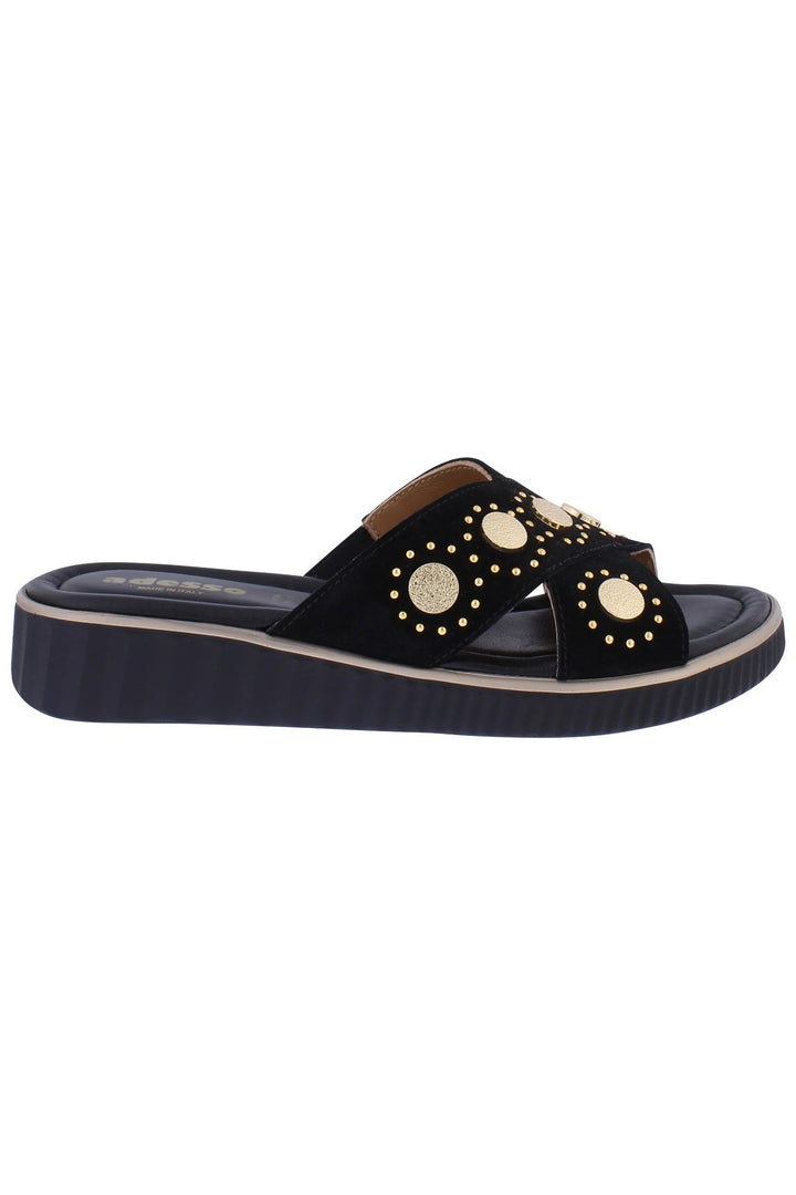 Adesso Eska Liquorice Black Gold Coin Leather Sandal