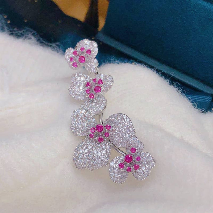 Sparkling Orchid Broach with Diamonds & Rubies in Silver