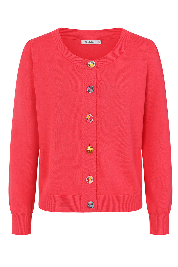 Alice Collins 036S170 Daphne Fiesta Coral Flower Button Cardigan