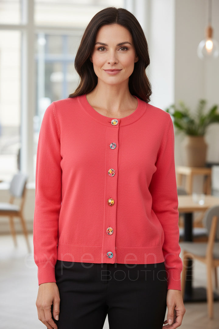 Alice Collins 036S170 Daphne Fiesta Coral Flower Button Cardigan
