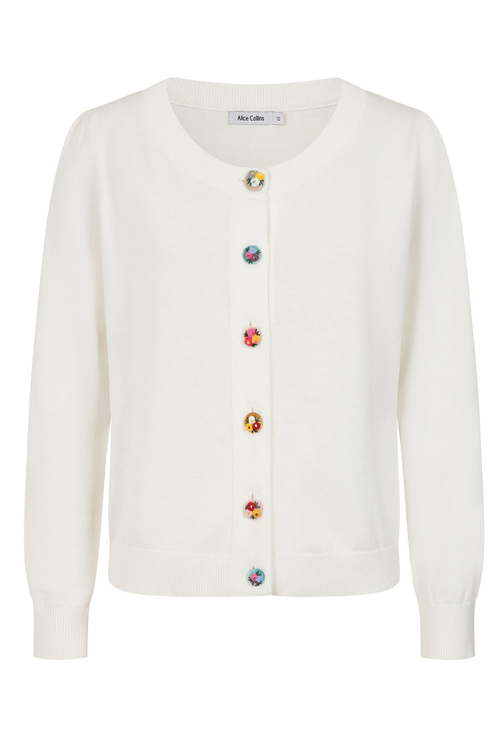Alice Collins 036S170 Daphne White Flower Button Cardigan