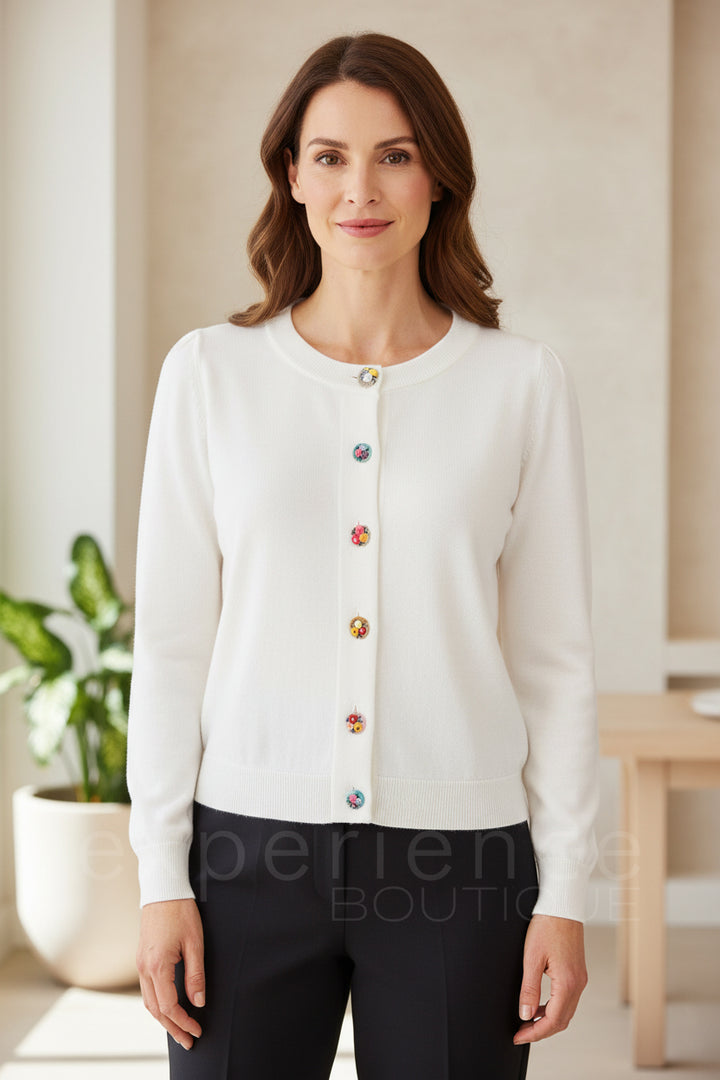 Alice Collins 036S170 Daphne White Flower Button Cardigan