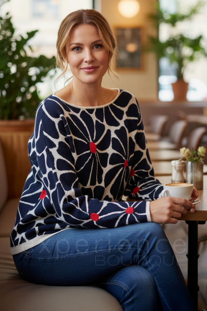 Alice Collins 036S190 Daisy Wild Oat Rich Navy Boat Neck Jumper