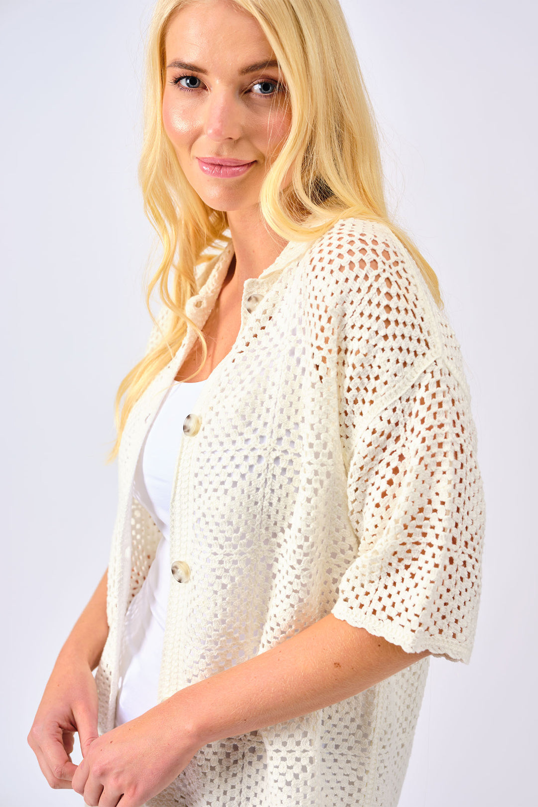 Alice Collins Cardigan Nadia Crochet Wild Oat White 034S142 - Experience Boutique