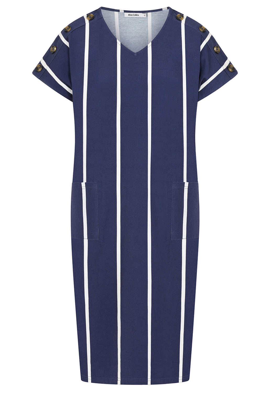 Alice Collins Dress Button Shoulder Midnight Blue White 034S004 - Experience Boutique