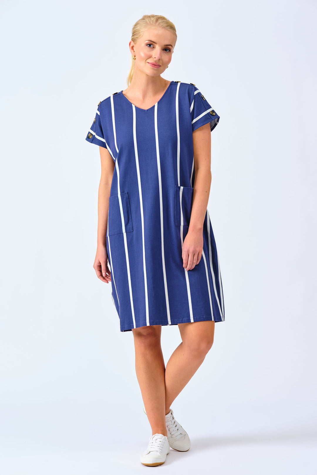 Alice Collins Dress Button Shoulder Midnight Blue White 034S004 - Experience Boutique