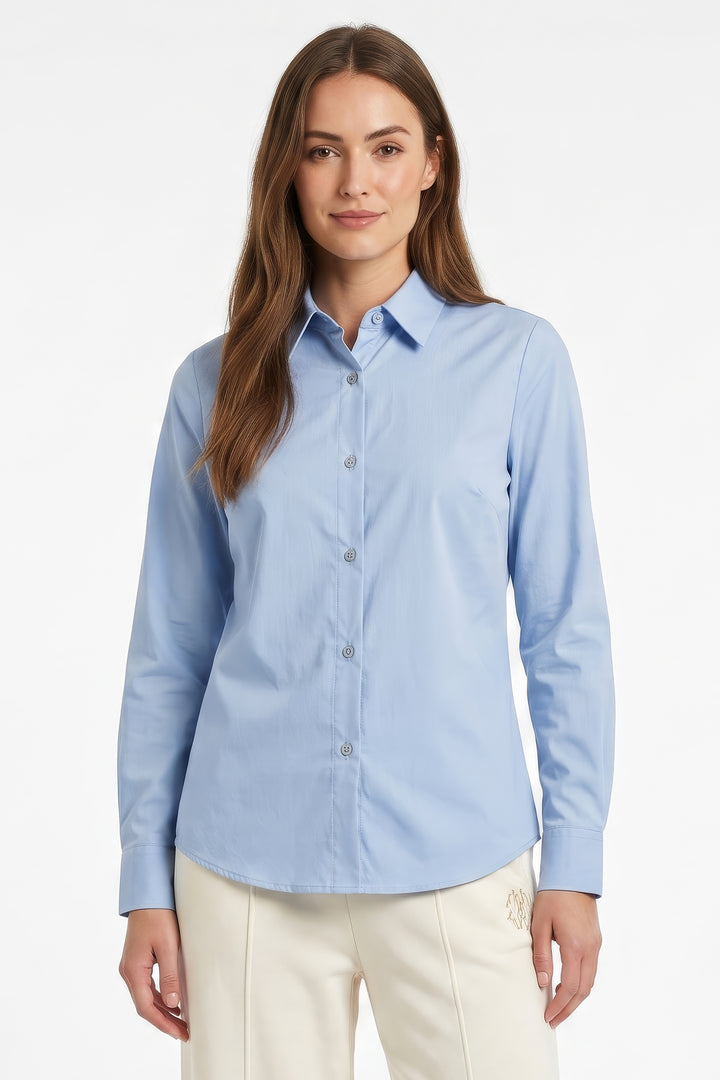 Alice Collins Kim Blue Smoke Shirt 037A318, close crop worn