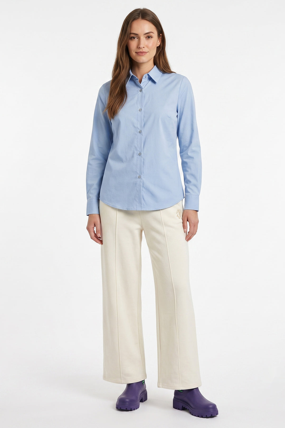 Alice Collins Kim Blue Smoke Shirt 037A318, front view worn