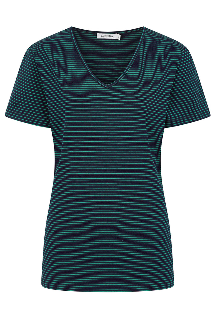 Alice Collins T-Shirt Perfect Striped V-Neck Midnight Blue Green 034S012 - Experience Boutique