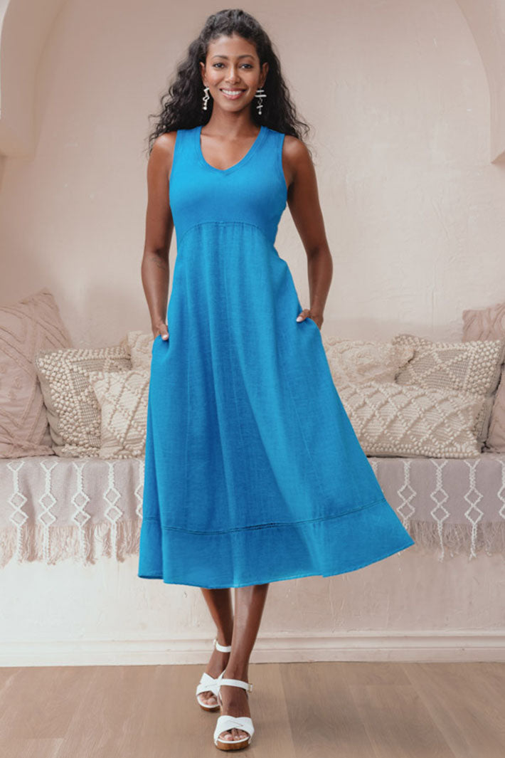 Alison Sheri 43092 Turquoise Blue Sleeveless Cotton Dress - Experience Boutique