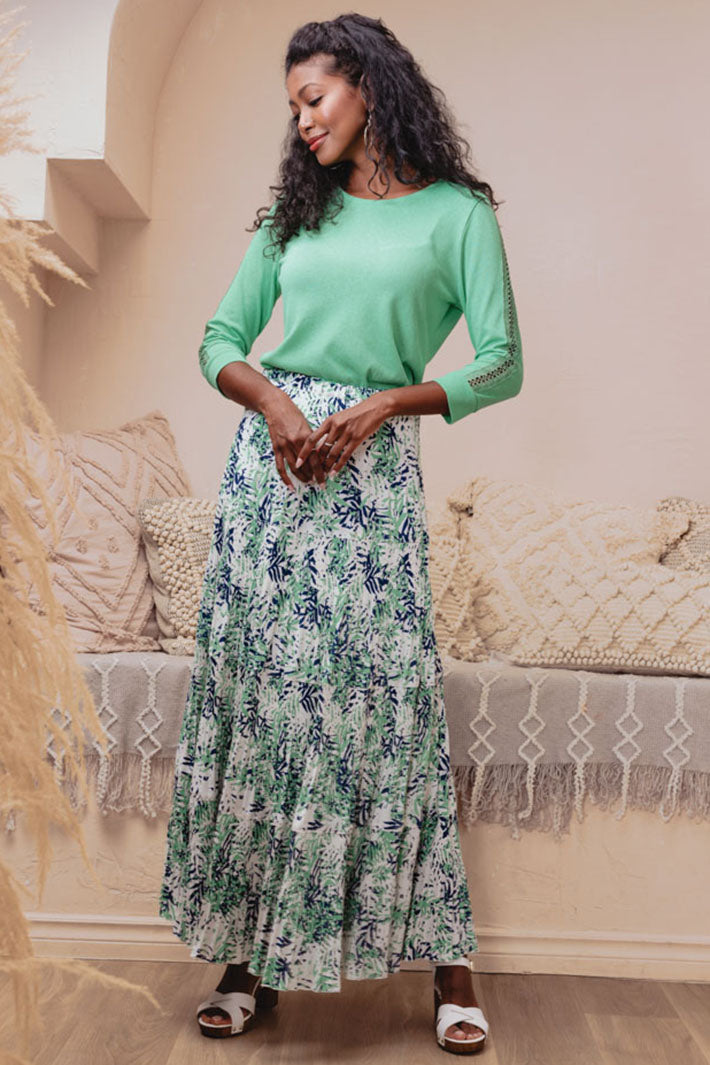 Alison Sheri 43372 Green Palm Print Pleated Maxi Skirt - Experience Boutique