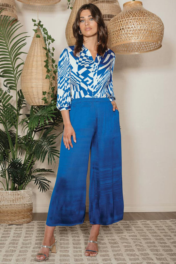 Alison Sheri 43428 Cobalt Blue Pleated Wide Leg Trousers - Experience Boutique