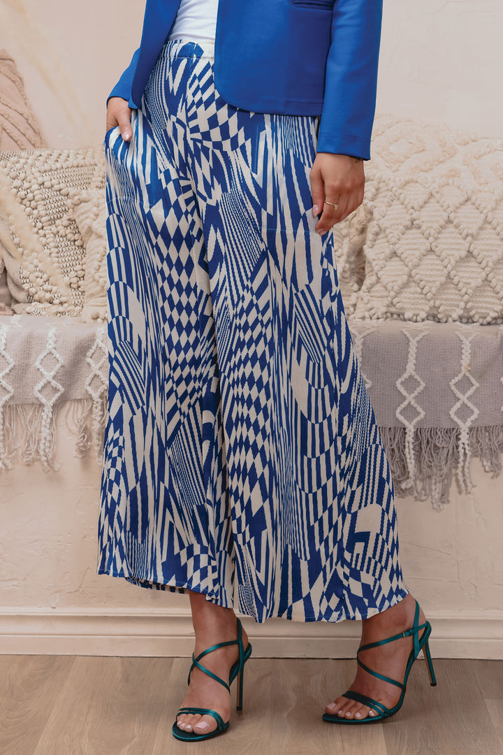 Alison Sheri 43430 Cobalt Blue & White Print Pleated Trousers - Experience Boutique
