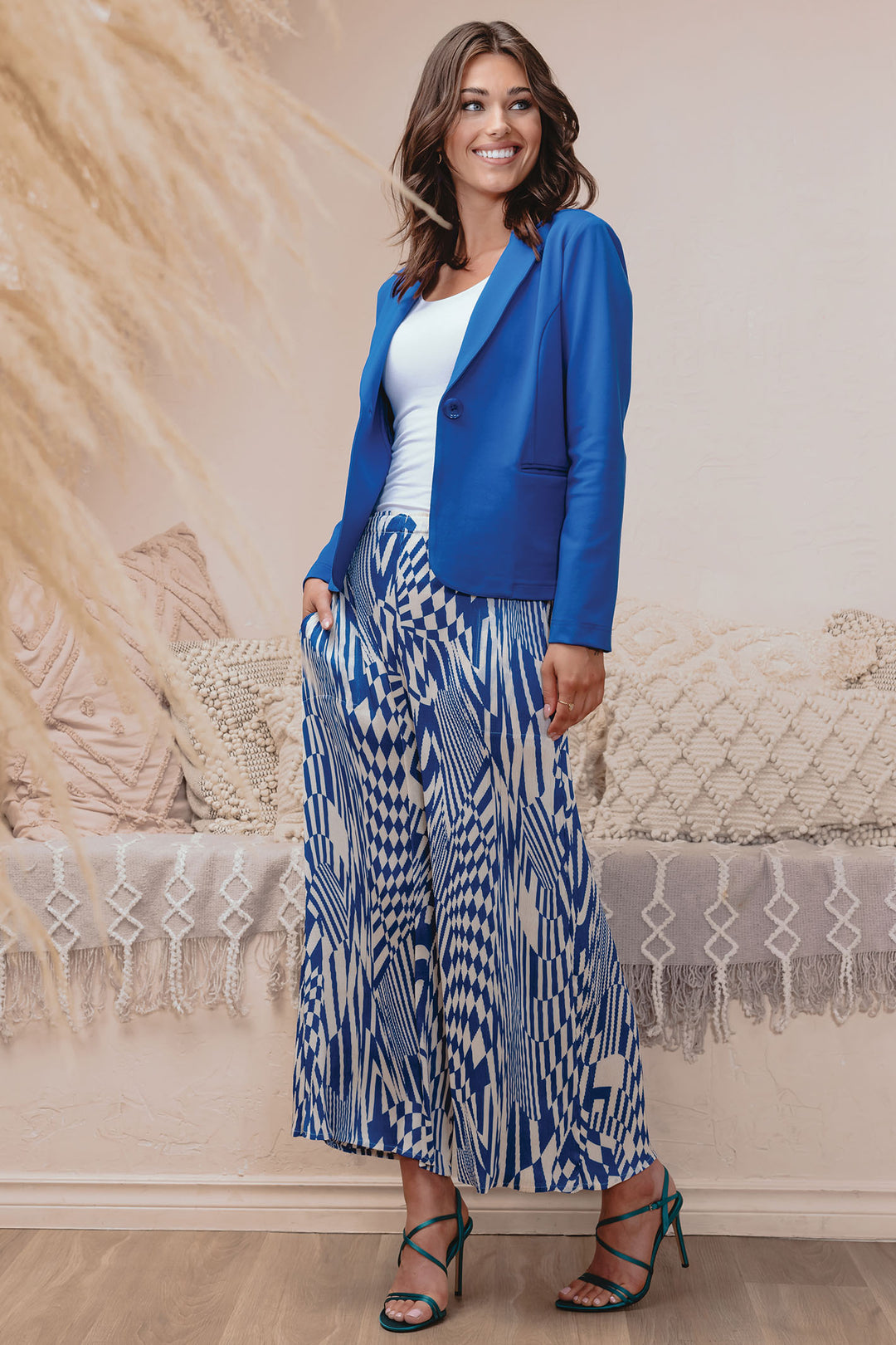 Alison Sheri 43430 Cobalt Blue & White Print Pleated Trousers - Experience Boutique