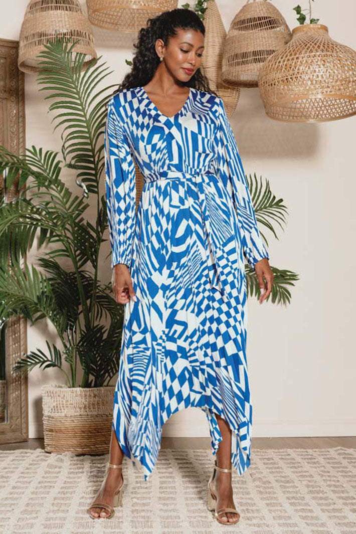 Alison Sheri 43431 Cobalt Blue & White Pleated Handkerchief Hem Dress - Experience Boutique