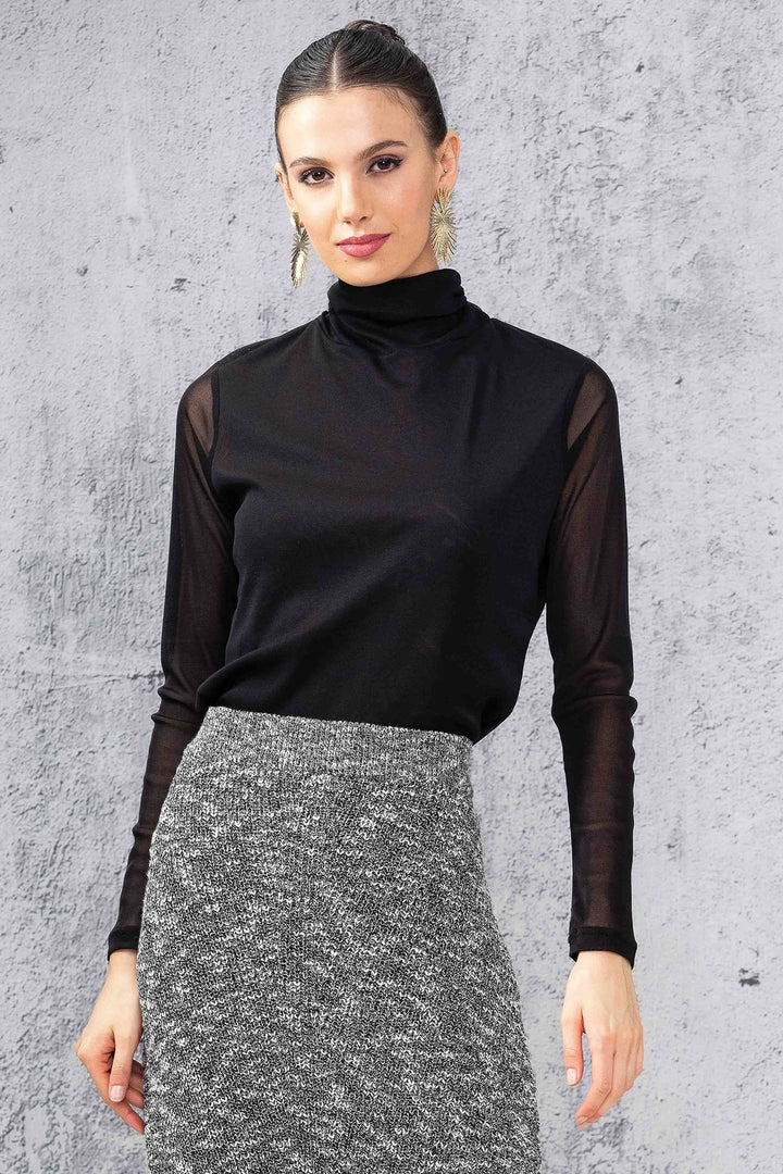 Alison Sheri 44020 Black Sheer Sleeve Polo Neck Top - Experience Boutique