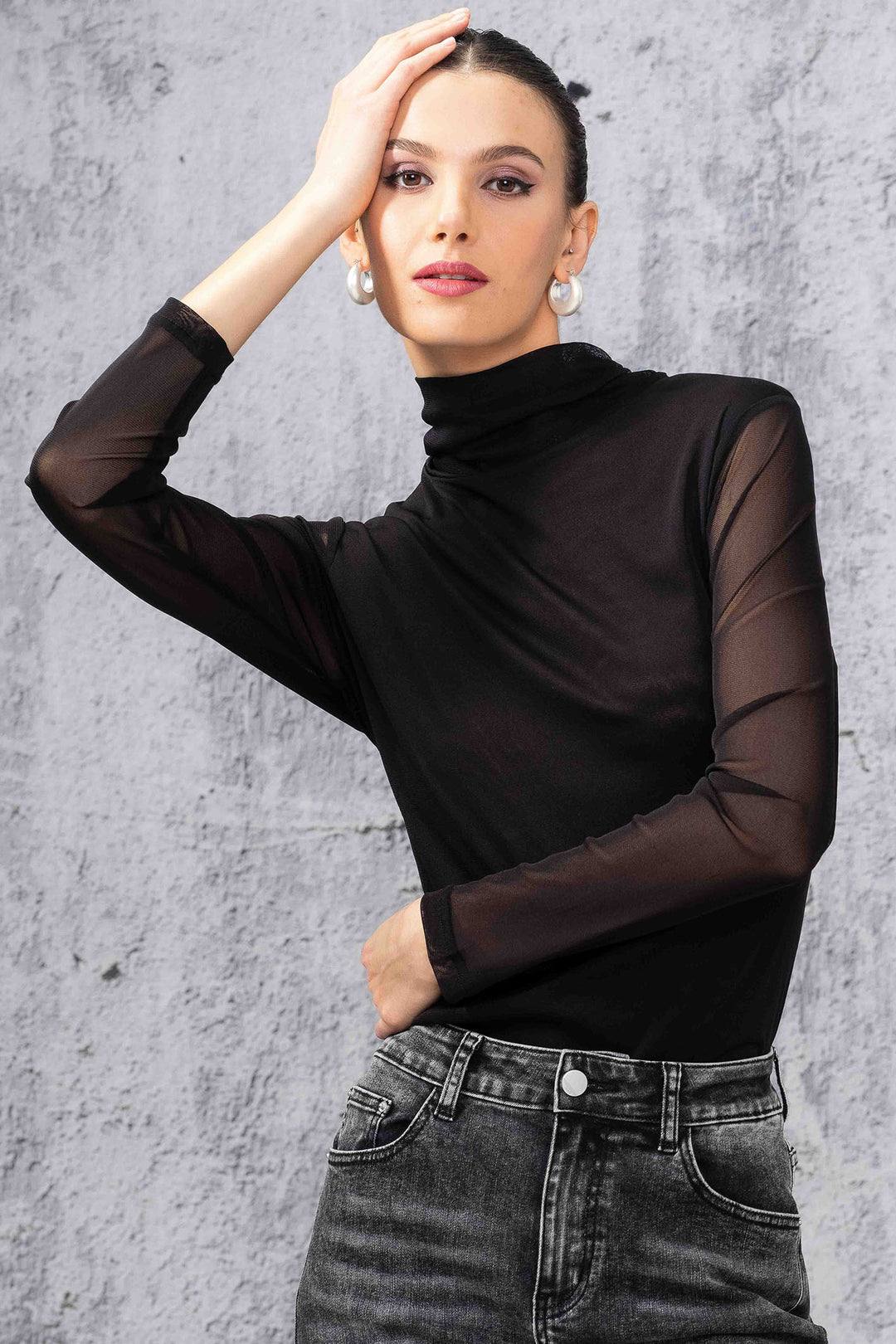 Alison Sheri 44020 Black Sheer Sleeve Polo Neck Top - Experience Boutique