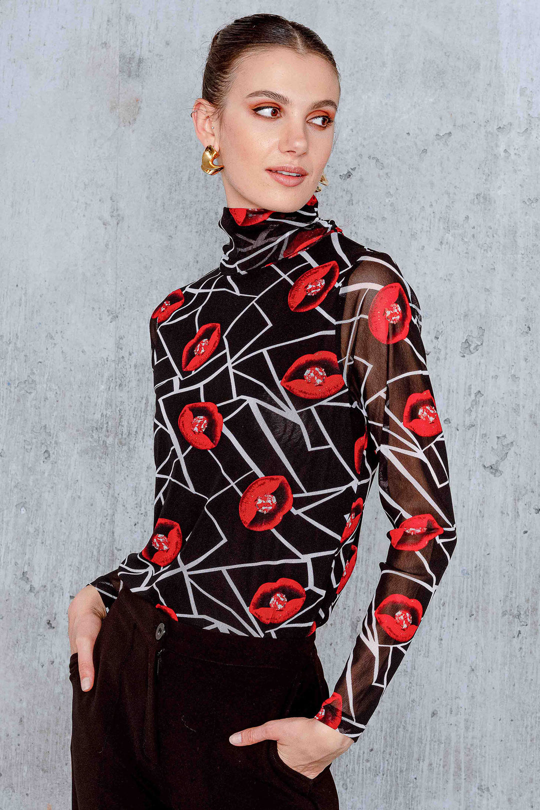 Alison Sheri 44168 Black Red Lips Print Mesh Top - Experience Boutique