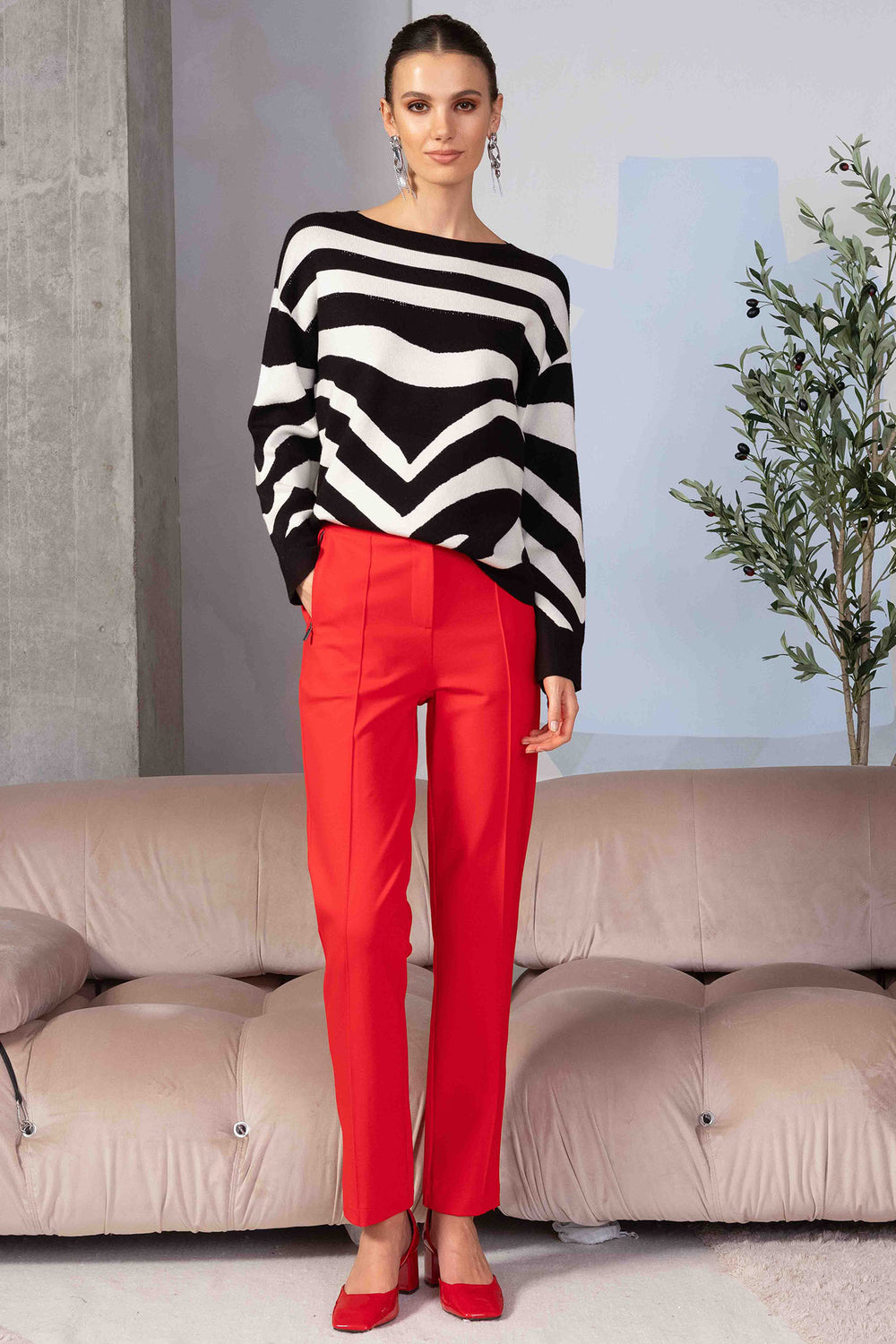 Alison Sheri 44187 Monochrome Stripe Knit Wide Neck Jumper - Experience Boutique