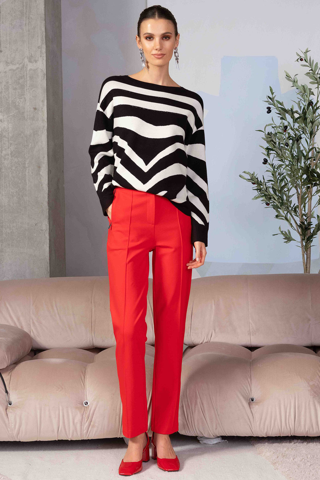 Alison Sheri 44187 Monochrome Stripe Knit Wide Neck Jumper - Experience Boutique