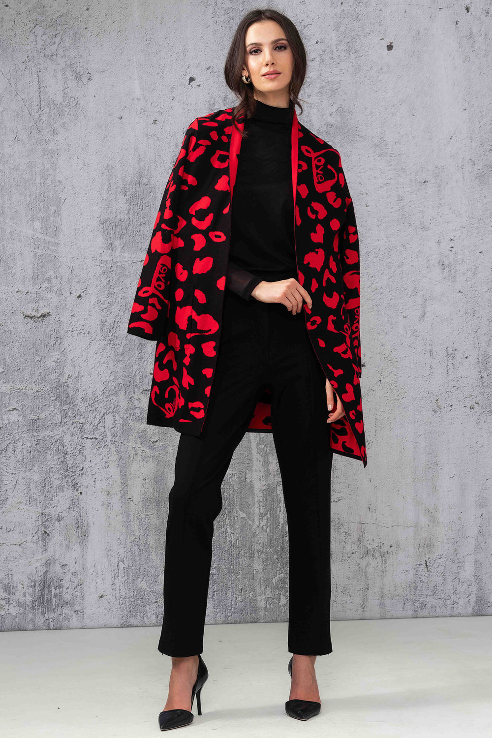 Alison Sheri 44188 Red Leopard Hearts Longline Cardigan