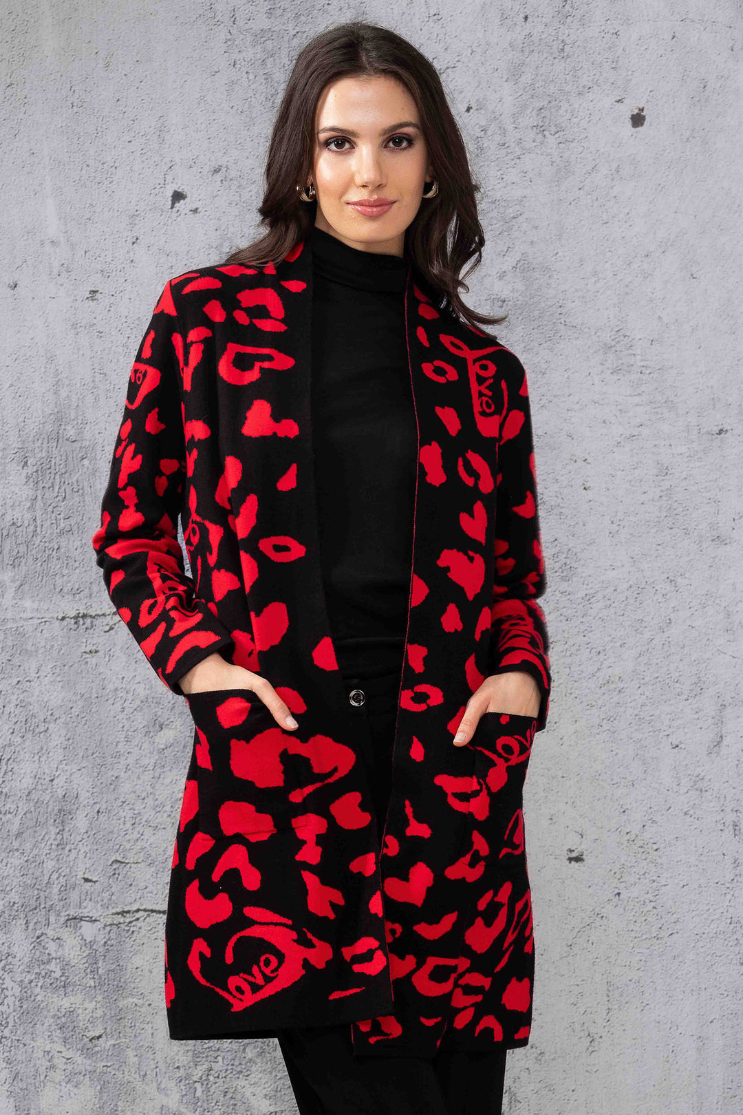 Alison Sheri 44188 Red Leopard Hearts Longline Cardigan