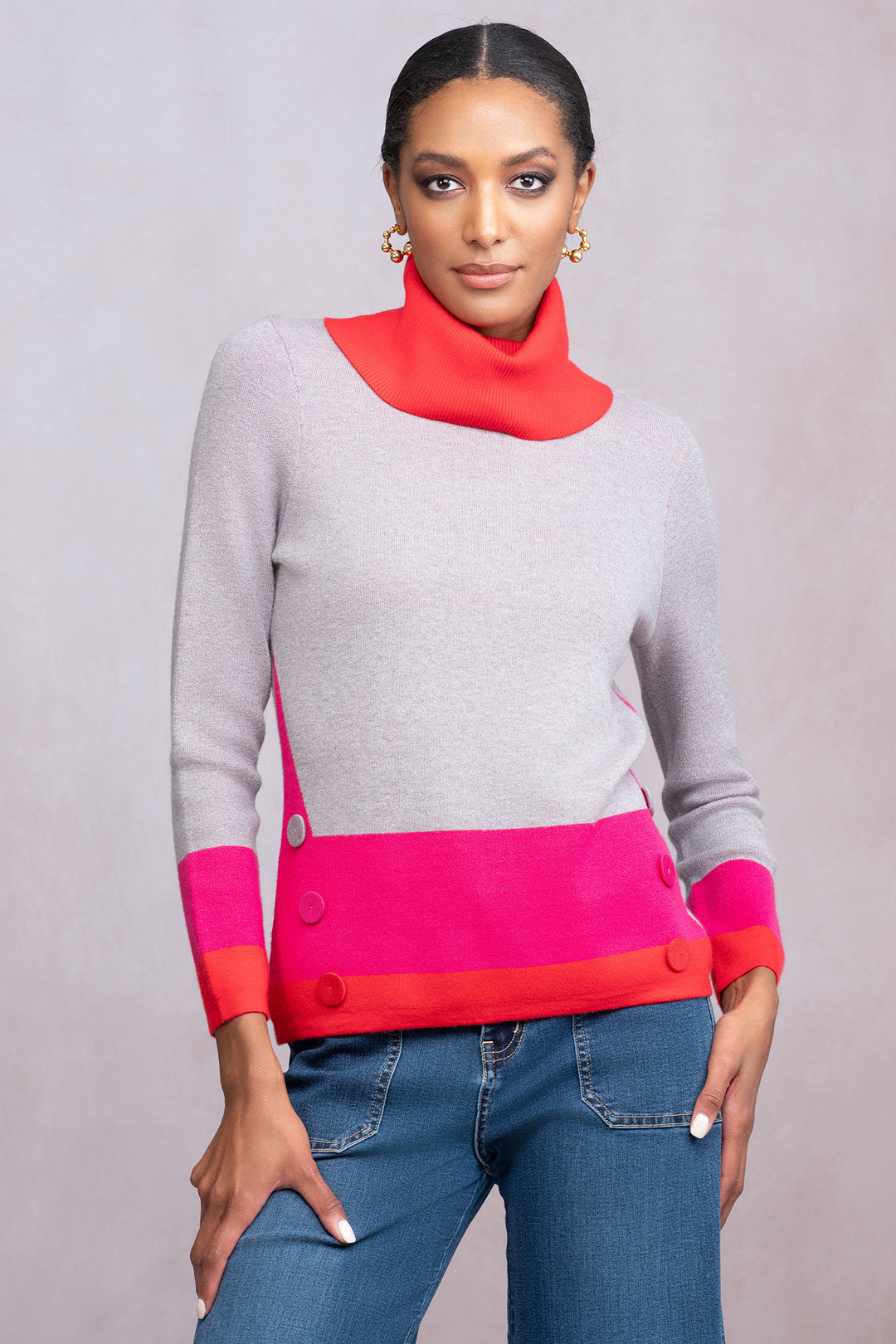 Alison Sheri A46100 Grey Colour Block Cowl Neck Jumper - Experience Boutique