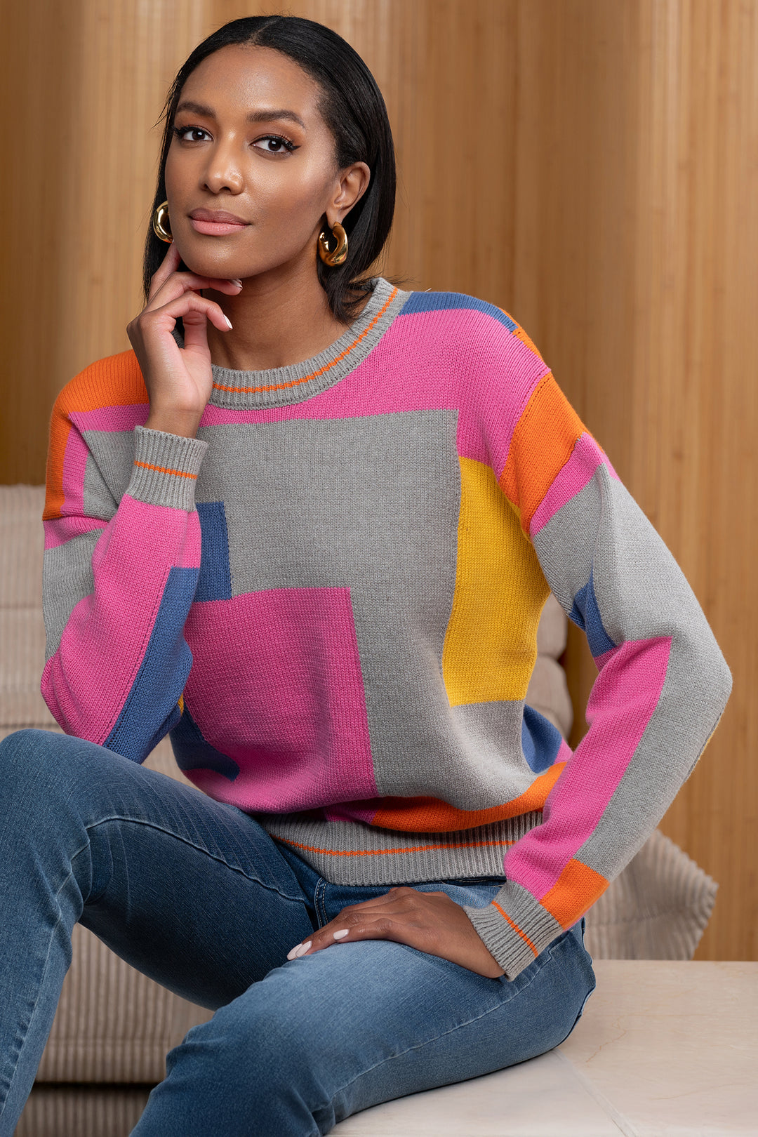 Alison Sheri A46108 Grey Colour Block Round Neck Jumper - Experience Boutique
