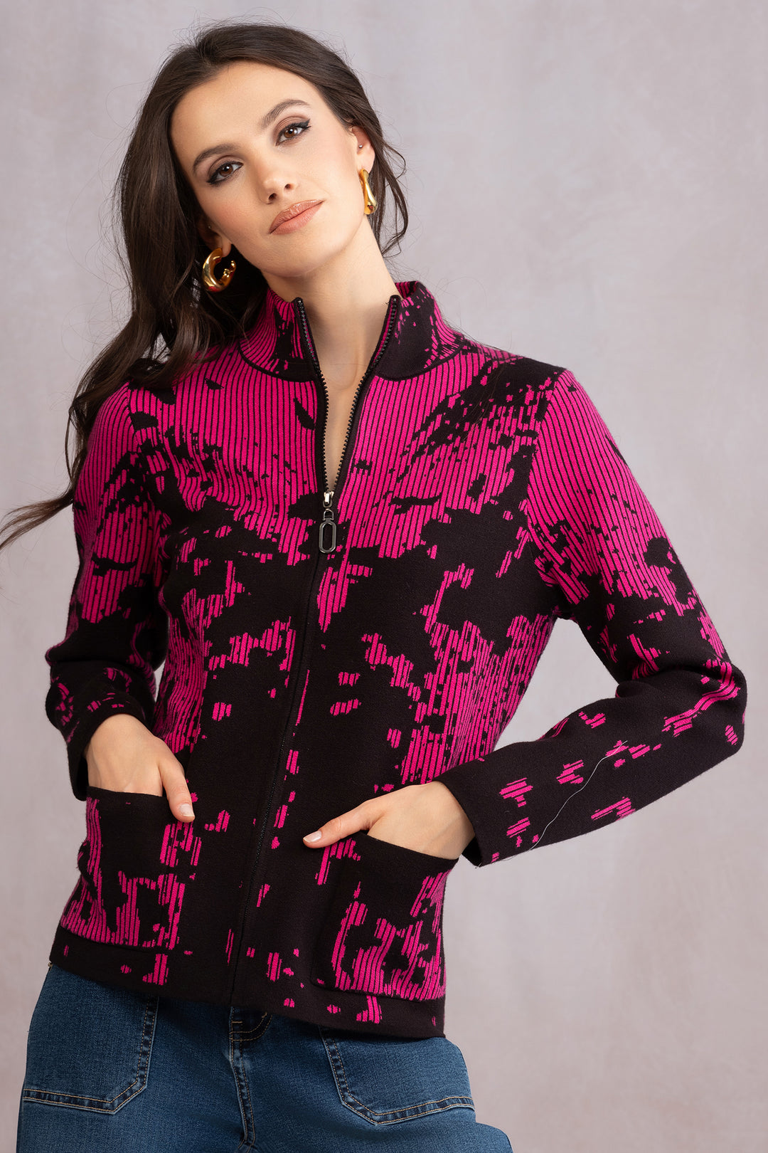 Alison Sheri A46118 Fuchsia Pink Black Optic Knit Zip Front Cardigan Jacket - Experience Boutique