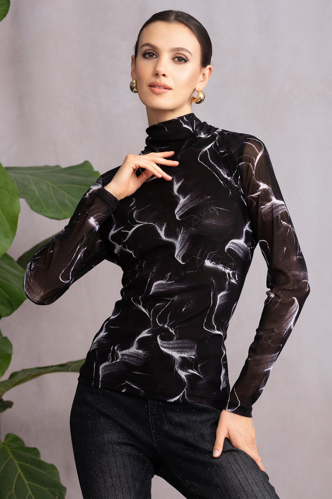 Alison Sheri A46128 Black Smoke Print Mesh Knit Top - Experience Boutique