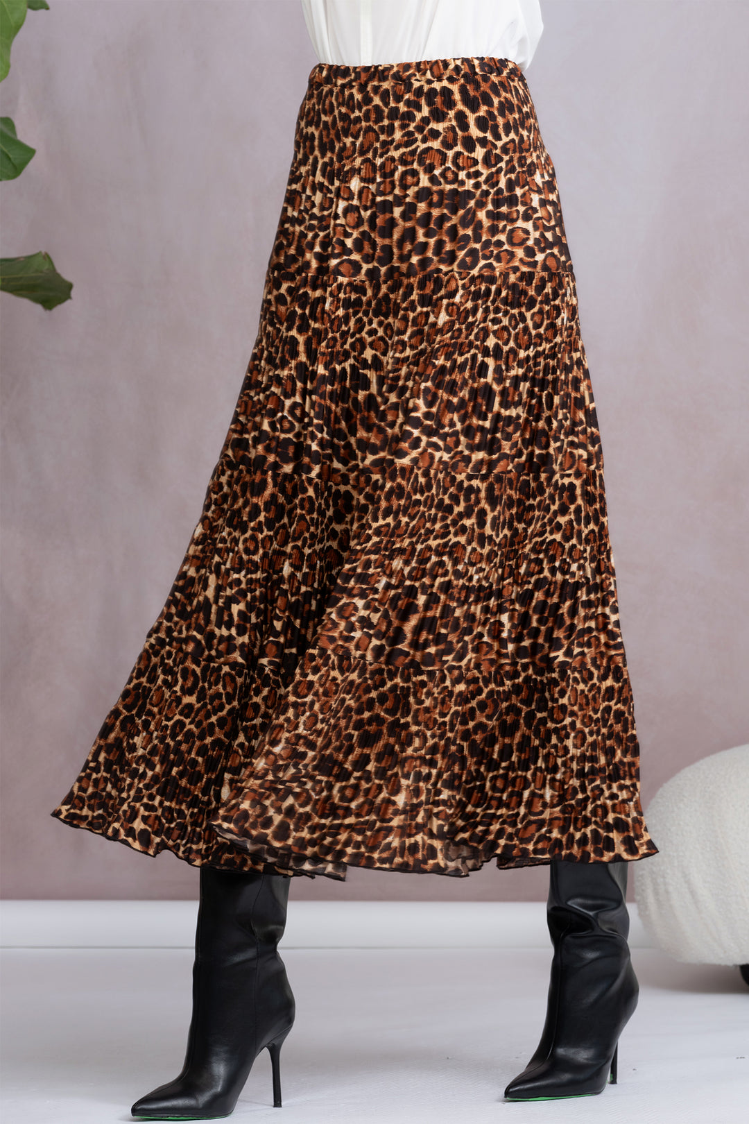 Alison Sheri A46225 Brown Leopard Print Pleated Midi Skirt - Experience Boutique