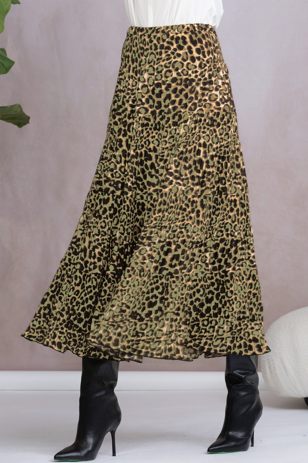 Alison Sheri A46225 Green Leopard Print Pleated Skirt - Experience Boutique