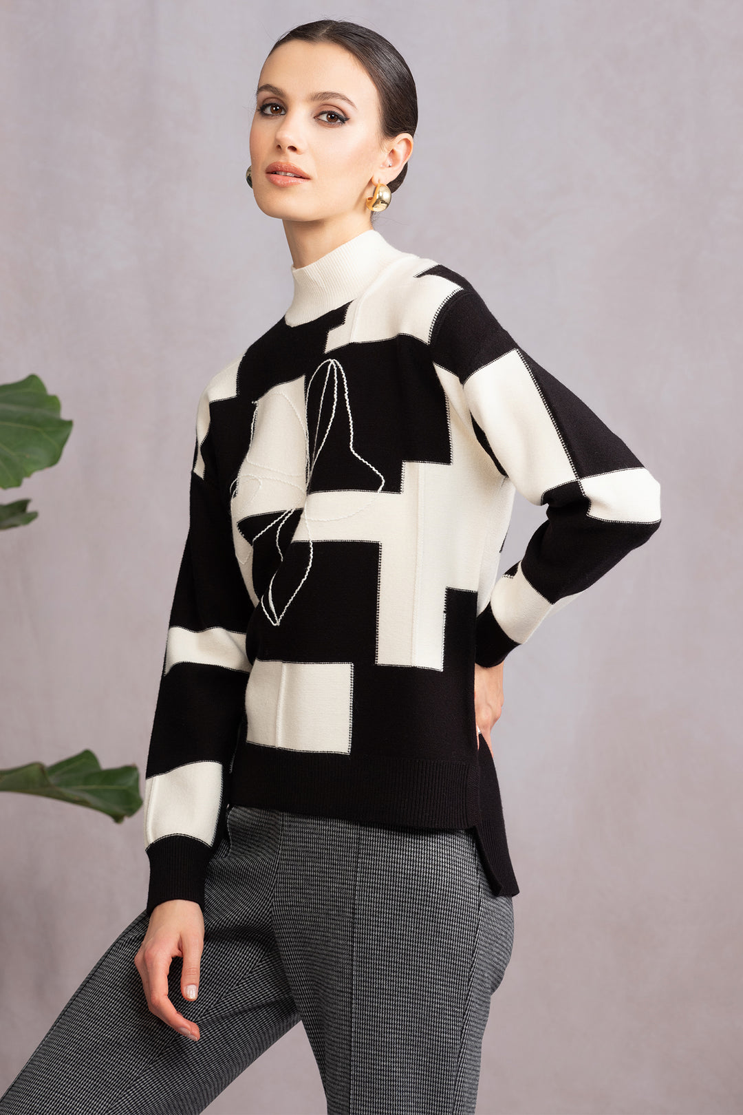 Alison Sheri A46238 Black Cream Block Pattern Jumper - Experience Boutique