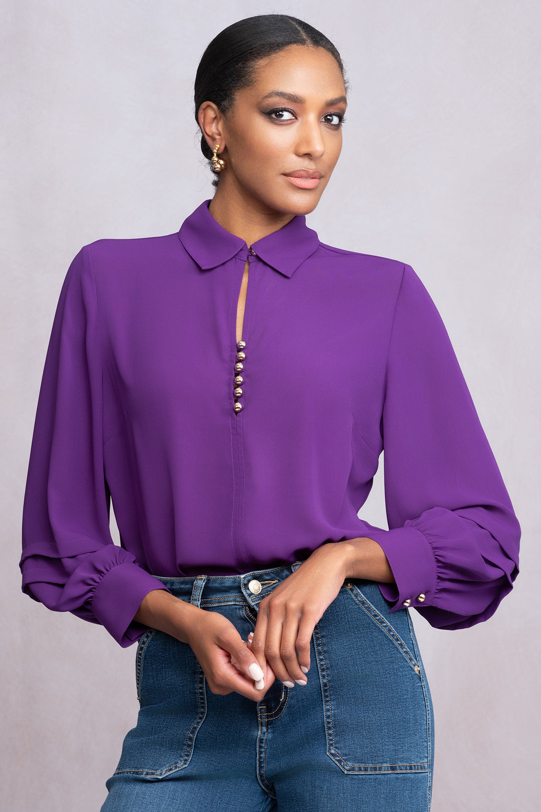Alison Sheri A46247 Purple Chiffon Button Front Blouse - Experience Boutique