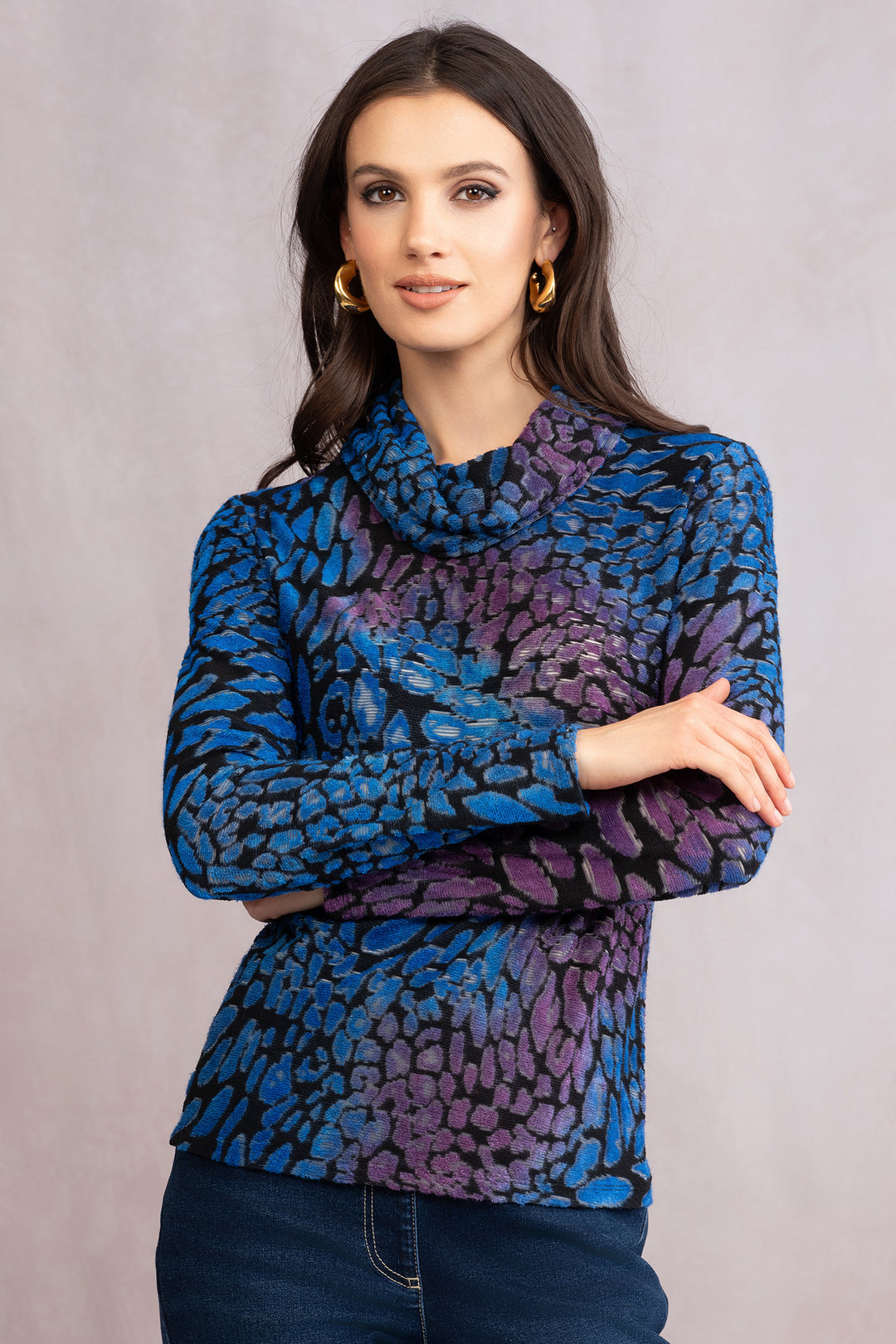 Alison Sheri A46270 Blue Purple Textured Knit Cowl Neck Top - Experience Boutique