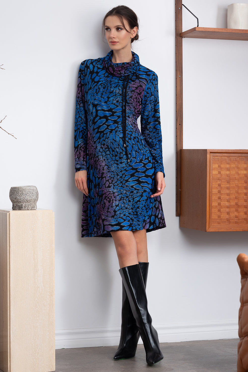 Alison Sheri A46280 Blue Purple Textured Knit Cowl Neck Dress - Experience Boutique