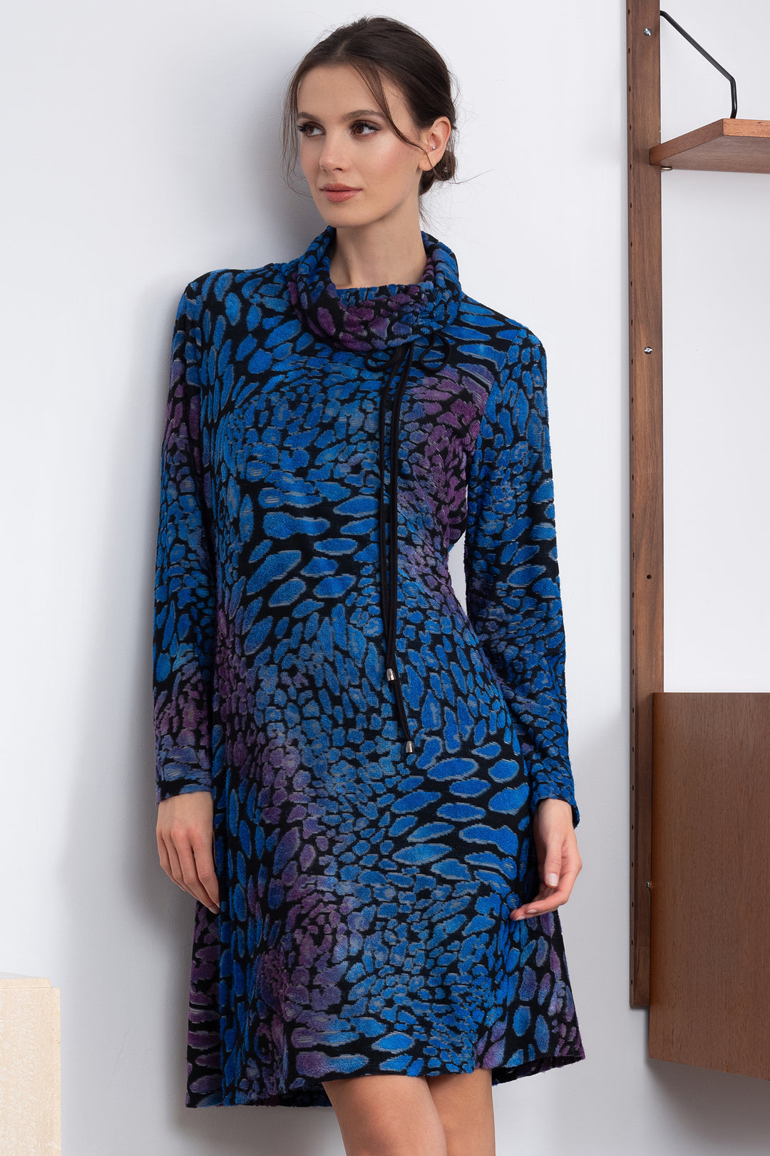 Alison Sheri A46280 Blue Purple Textured Knit Cowl Neck Dress - Experience Boutique