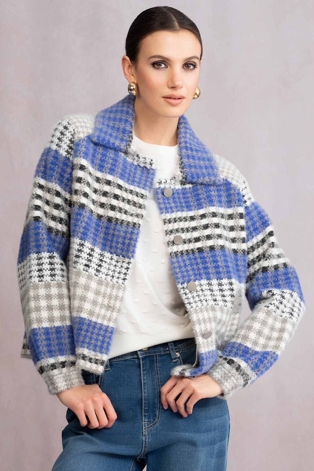 Alison Sheri A46302 Blue Check Pattern Jacket - Experience Boutique