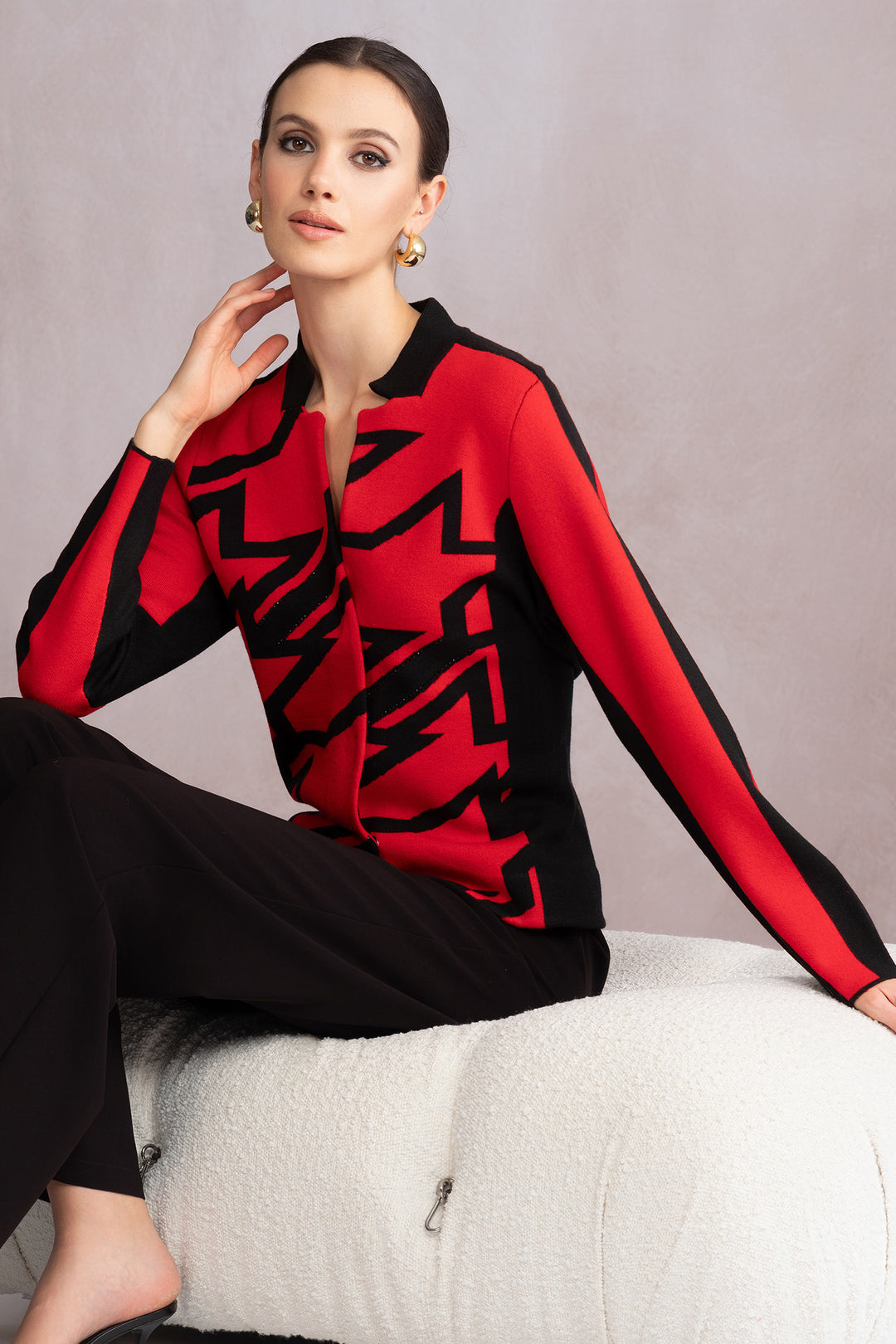 Alison Sheri A46432 Black & Red Star Pattern Knitted Jacket - Experience Boutique