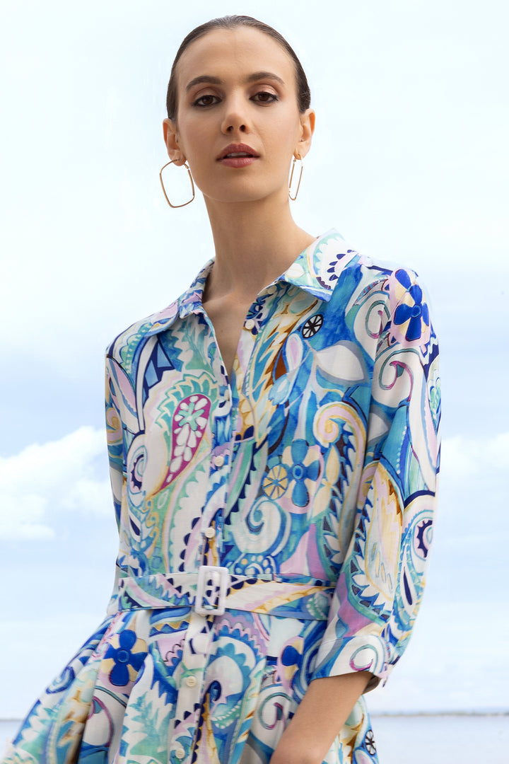 Alison Sheri A47207 Blue Paisley Print Shirt Dress
