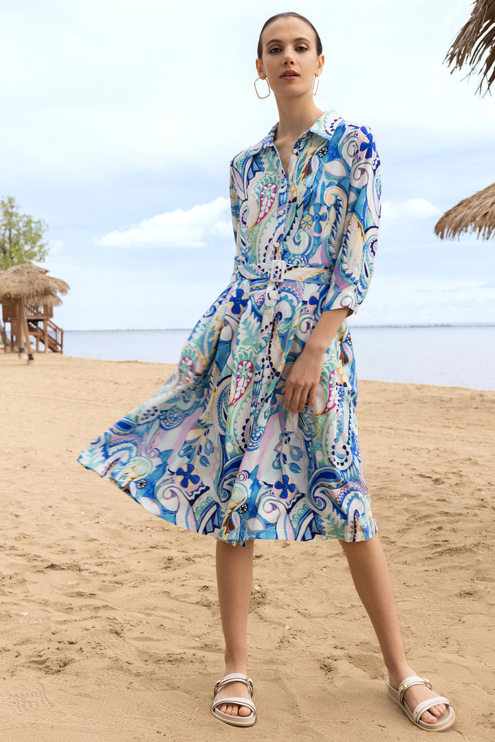 Alison Sheri A47207 Blue Paisley Print Shirt Dress