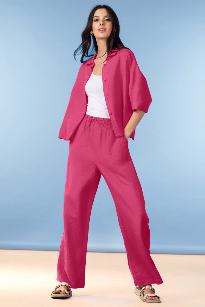 Alison Sheri A47237 Fuchsia Pink Linen Mix Wide Leg Trousers