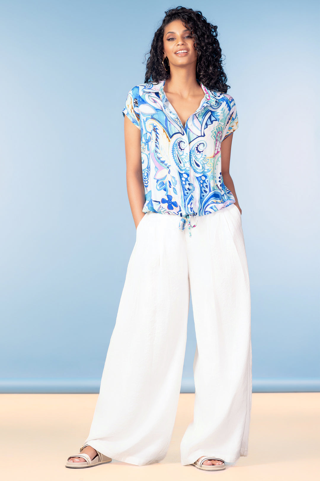 Alison Sheri A47237 White Linen Mix Wide Leg Trousers