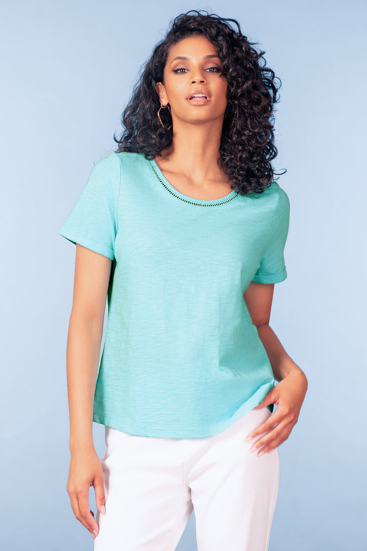 Alison Sheri A47332 Aqua Neck Detail Cotton T-Shirt – Experience Boutique
